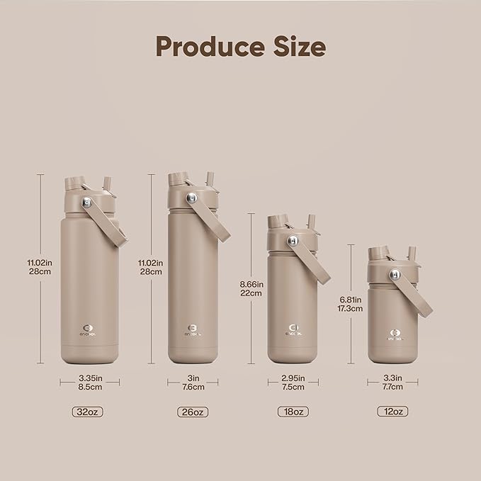 Kids Insulated Water Bottle with Straw - 12oz Stainless Steel Water Bottle with Dual Spouts, Leak-Proof, BPA-Free, Double Wall Vacuum Keeps Cold for 24 Hours for Sports, Travel, School (Raw Umber)