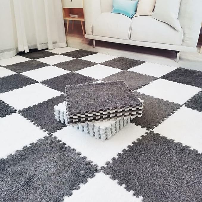 16pcs 0.6" Thickened Interlocking Tile Mats,Fluffy Shaggy Soft EVA Foam Area Rug for Living Room & Bedroom,Non-Slip Protective Floor Carpet Play Mat Kids Baby Dorm Home Decor (11.8ft, Grey)