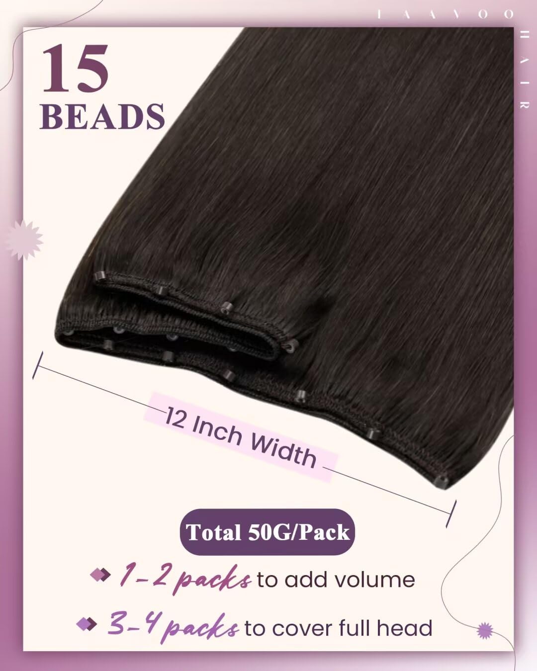 LaaVoo Beaded Weft Hair Extensions Human Hair Weft Extensions Darkest Brown Beaded Hair Extensions Real Human Hair 18inch 50g