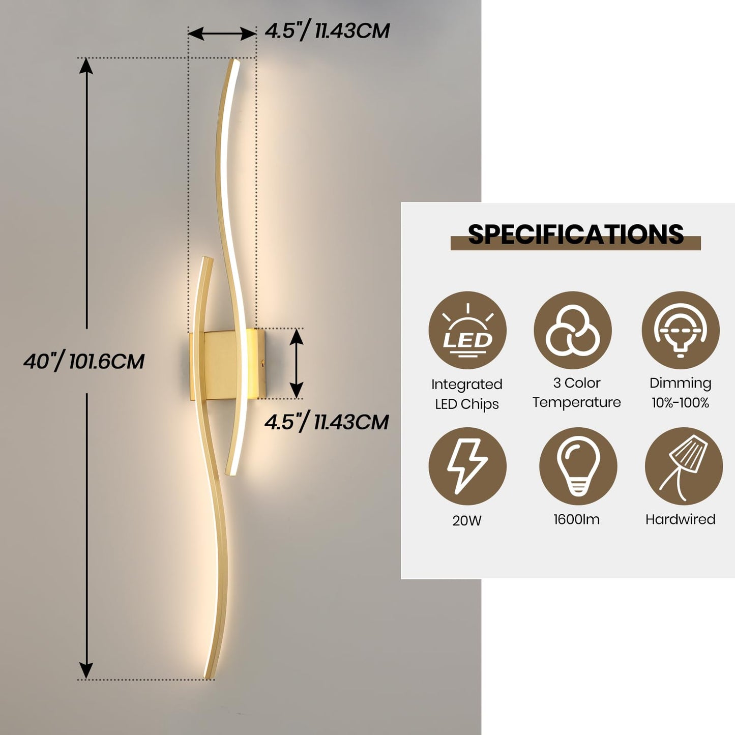 EIDEARAY Modern LED Wall Sconce Set of 2, Dimmable Gold Lighting, Hard Wired, Model WL-CTGD-D2