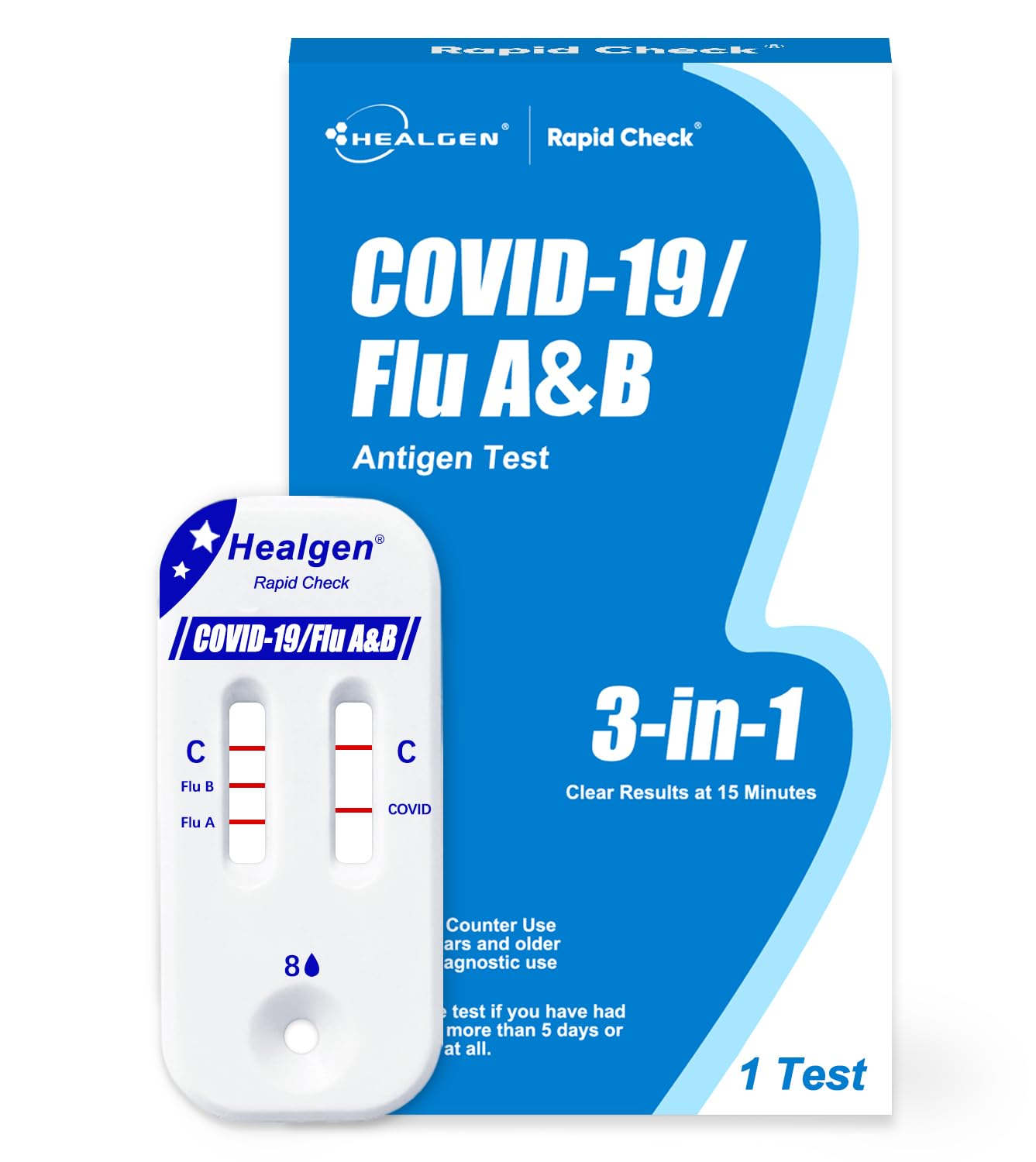 Healgen Rapid Check COVID-19, Flu A&B Antigen Test Kit, The First FDA Authorized OTC 3-in-1 Flu & COVID Home Test, Easy to Read Dual Windows, Results in 15 Mins, 18-Month Shelf Life, 1 Test