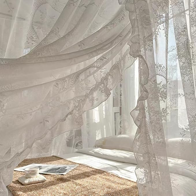 Elegant Lace Princess 4 Corner Post Mosquito Net Romantic for Girls Women Bed Curtain Canopy for Adult Wedding Bedroom Kids Rooms Decoration (Color-A, Full)
