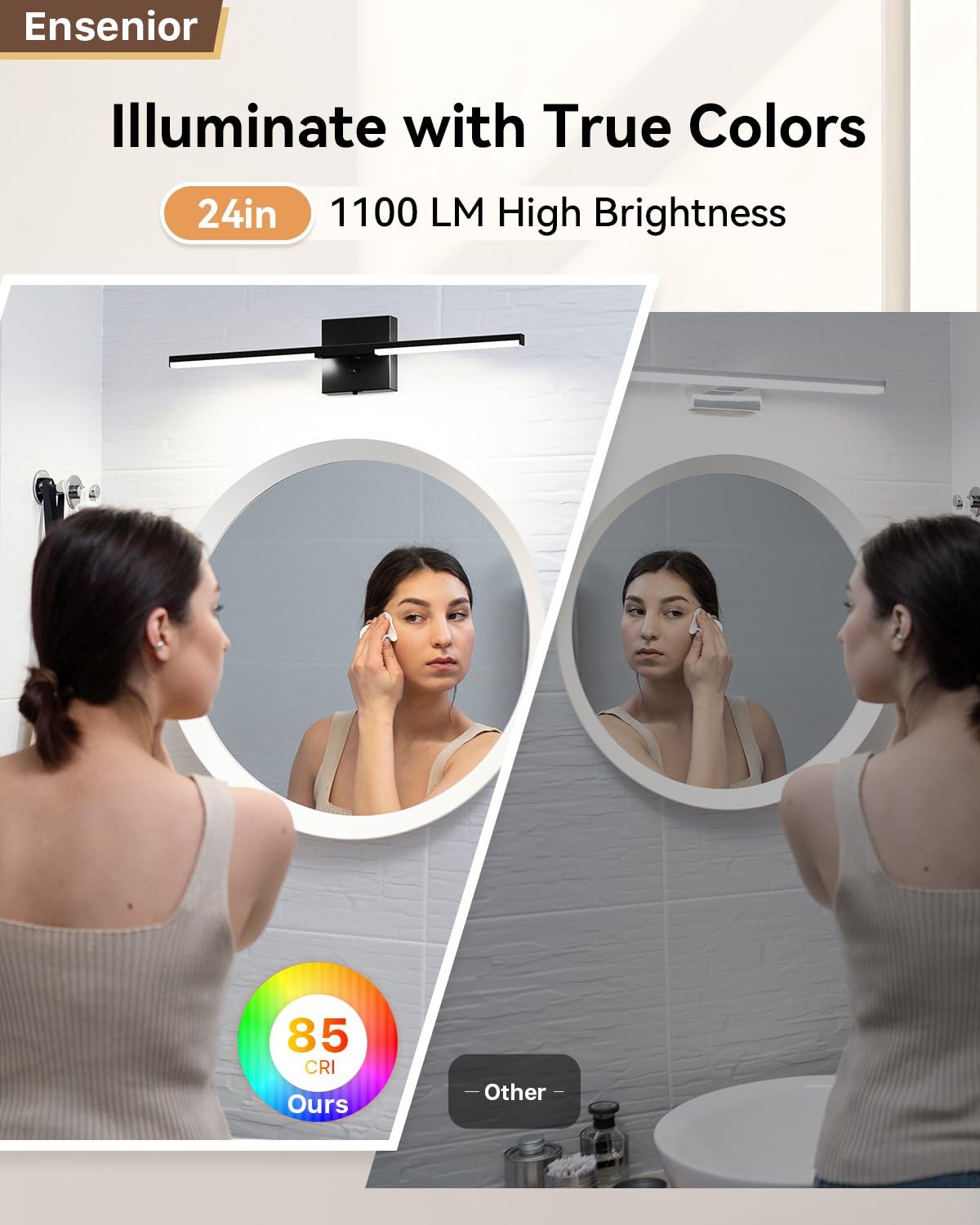 Ensenior Modern Bathroom Vanity Light 24 inch, Built-in Dimmer, 14W Dimmable 5CCT Led Bath Lights, Black Bar Vanity Light for Bathroom Mirror Cabinets Bedroom-FCC & ETL Certificated