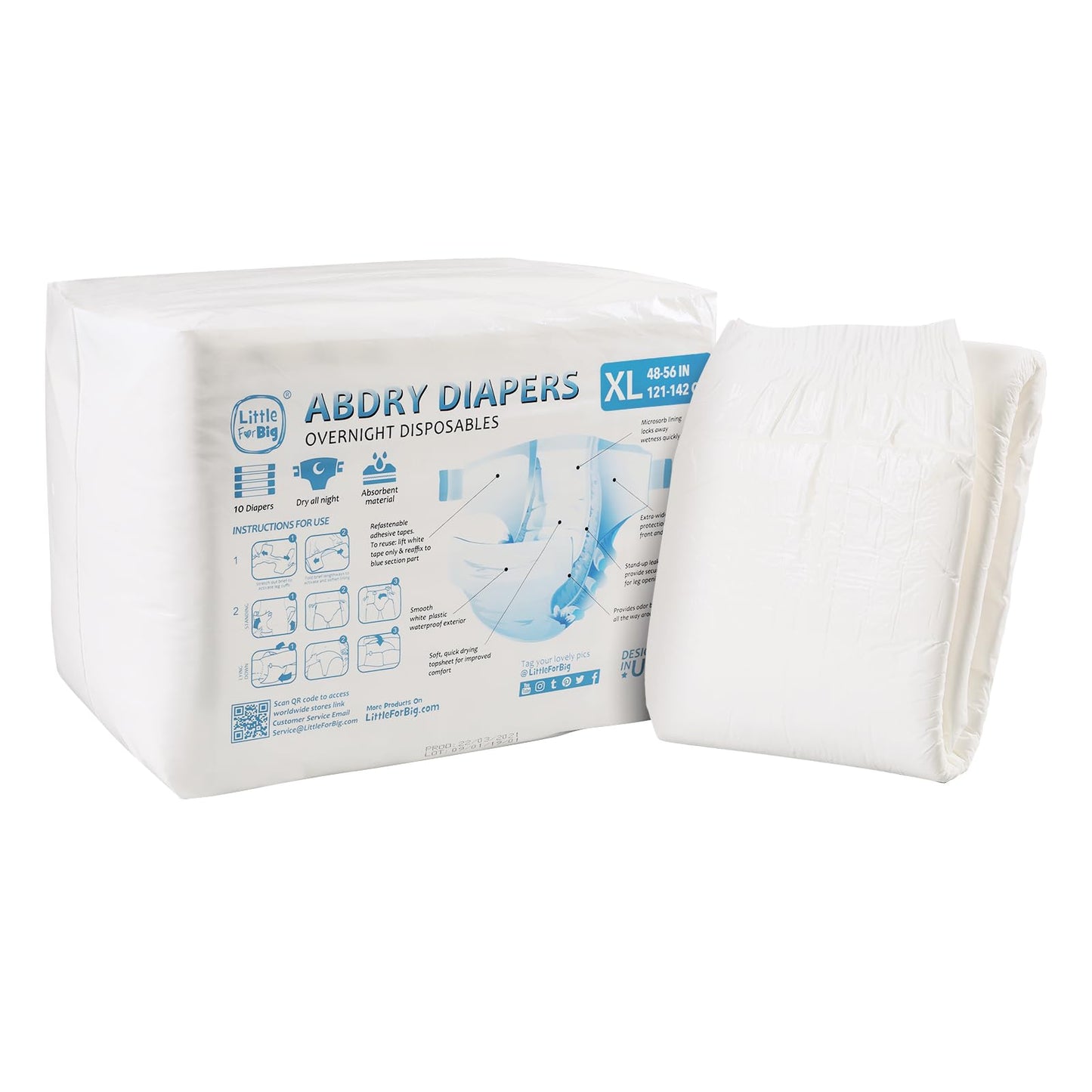 Littleforbig Adult Diaper 10 Pieces - ABDry White Diapers (X-Large 48"-56")