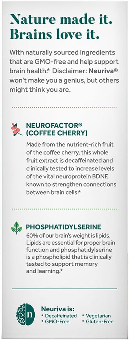 NEURIVA Original Brain Supplement for Memory, Focus & Concentration + Learning & Accuracy with Clinically Tested Nootropics Phosphatidylserine and Neurofactor, Caffeine Free, 30 Capsules (2 Pack)