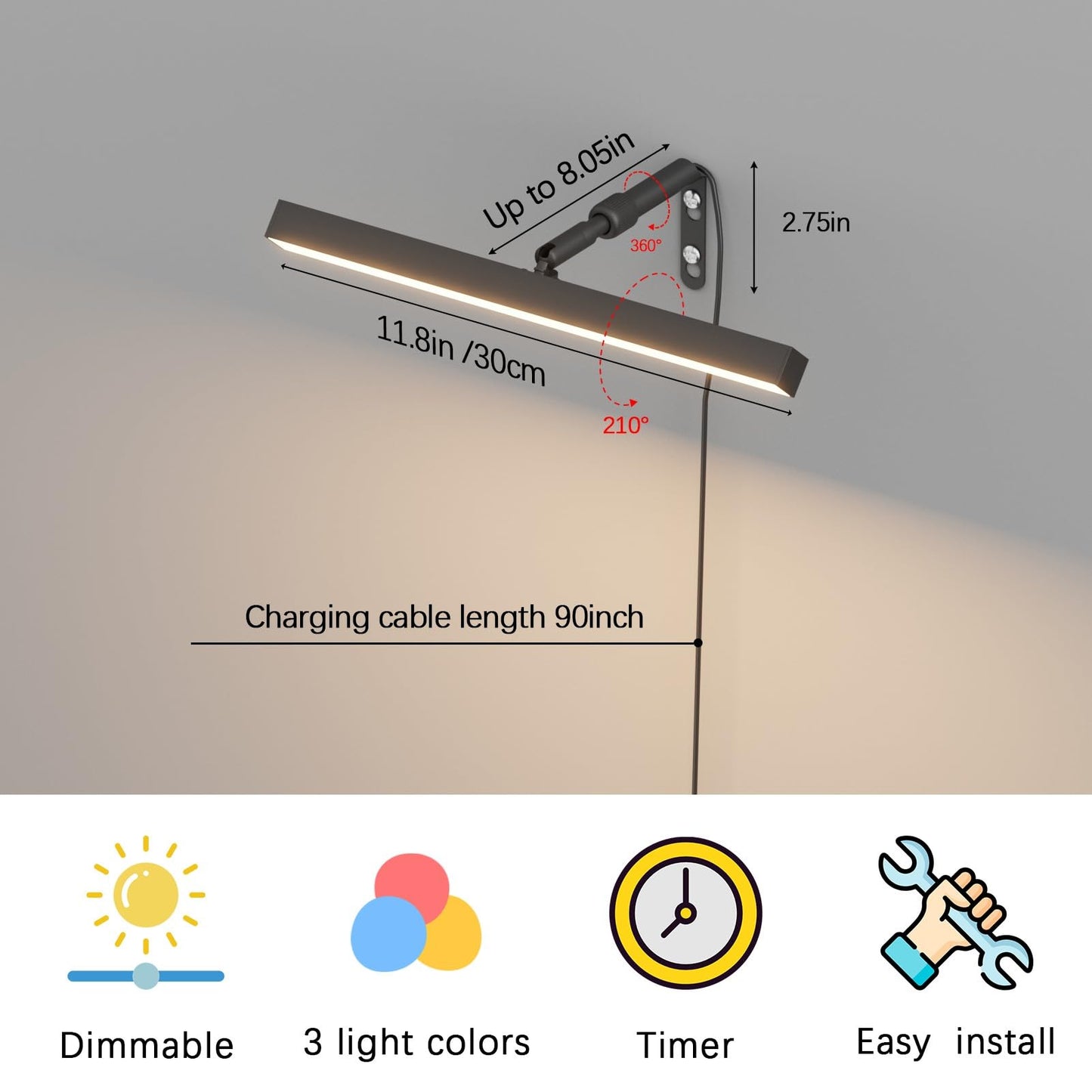 Coinmit 4W Plug In Picture Light For discomfort-reducingtings With Remote Control  12 Led Art Display Lighting For Gallery  Dartboard  Artwork  Black Wall Mounted Picture Frame Light