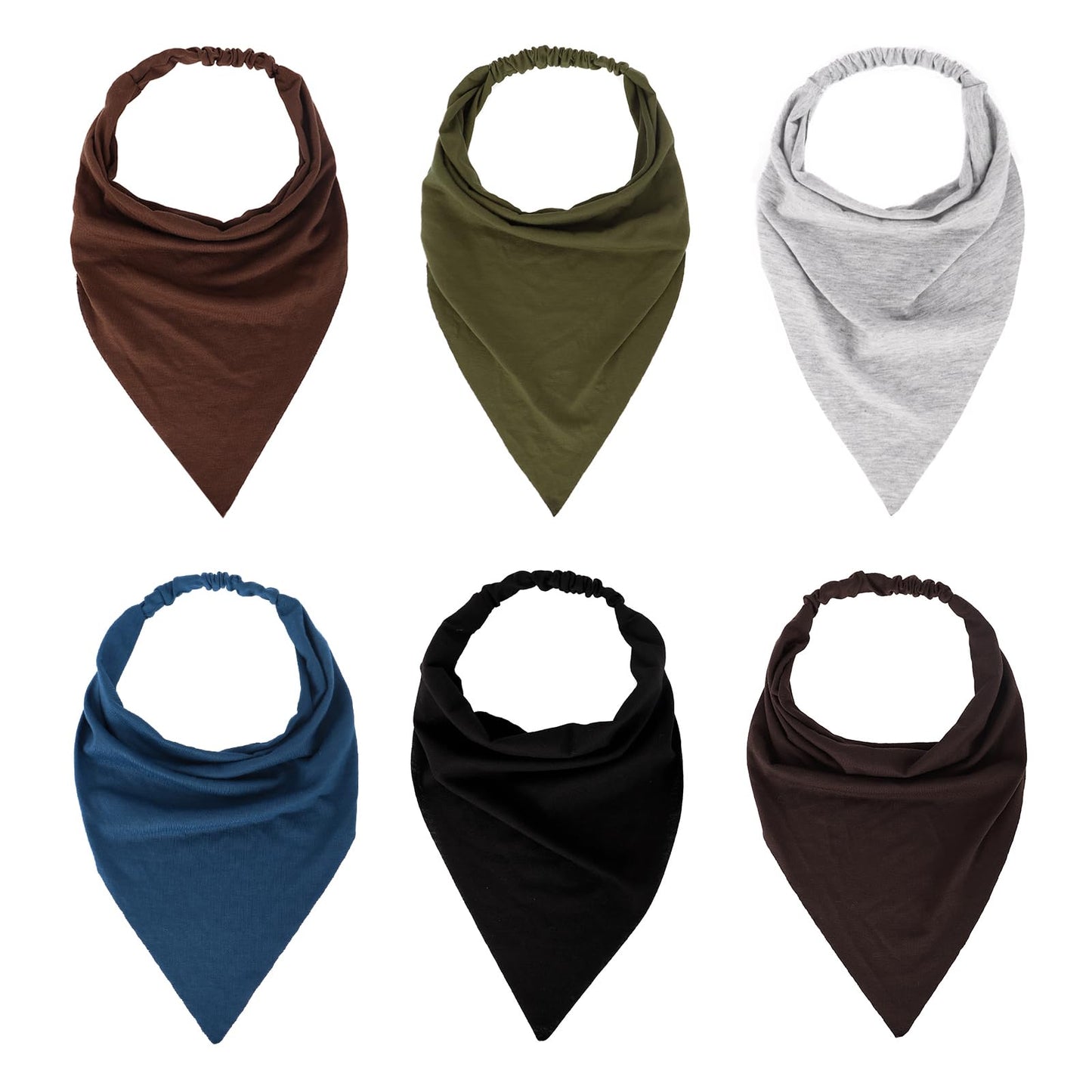 MapofBeauty 13 Inch 6 Pieces Soft Elastic Scarf Triangle Non Slip Bandana Head Scarves Headband (Deep Coffee/Dark Green/Gray/Bro
