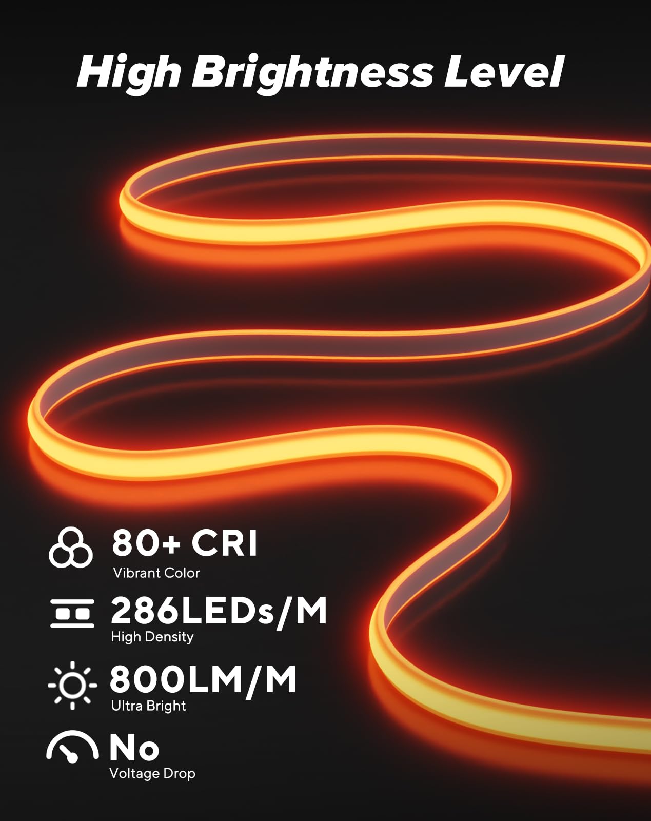 Shine Decor Cob Led Rope Light Ac 120V  800Lm Ultra Bright  Ip65 Waterproof Cold-Resistant Etl Neon Strip  No Driver Tape Lighting For Home Commercial 10X4.5Mm  Amber  50Ft