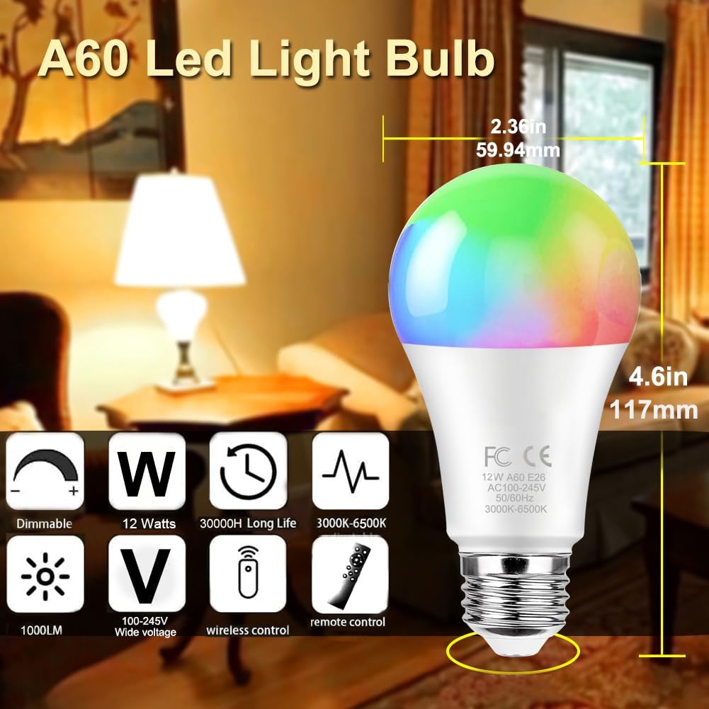 GRV E26 Smart LED Bulb 12W, RGBCW Color Changing, 1000 Lumens, Stepless Dimmable 3000-6500K, Includes Remote, A
