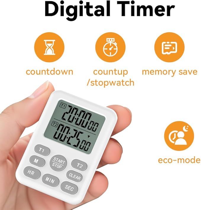 Dual Kitchen Timer Digital - 2 Channel for Cooking with Loud Adjustable Alarm, Magnetic Back and Stand, Battery Operated for Baking, BBQ, Study, and Exercise