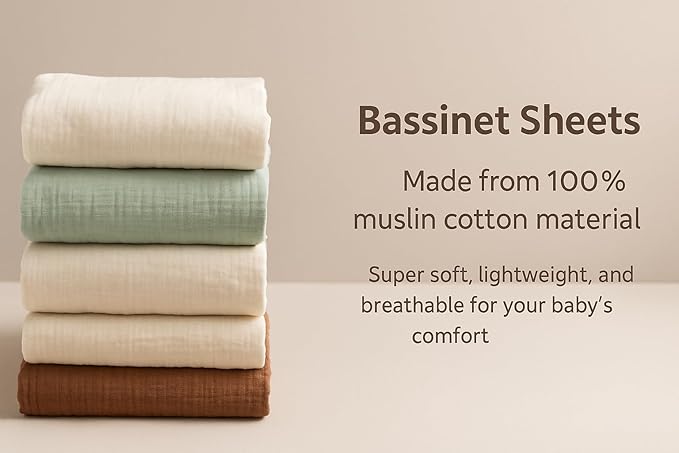 Baby Bassinet Sheets 33x17 Inches, Muslin Fabric Pack of 2 Beige Organic Bassinet Sheets Girl/Boy, Soft Breathable Fitted Bassinet Mattress Sheets, No Shrinking or Loose Corners, Safe & Cozy
