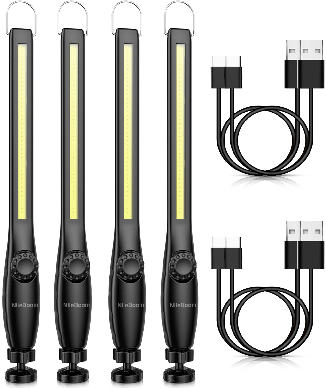 NileBoom LED Work Light - 800 Lumens, Rechargeable, Magnetic Base & Hook, 360? Swivel, Black, 4 Pack