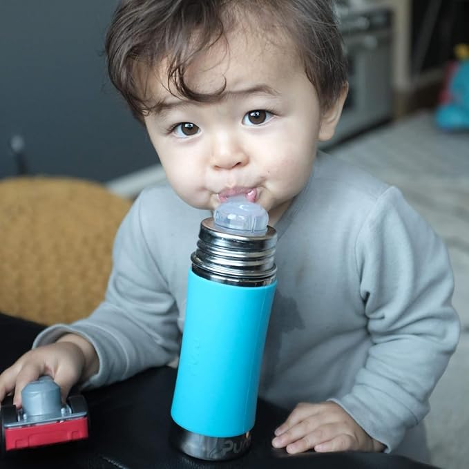 Pura Kiki 11oz/325ml Stainless Steel Straw Bottle w/Sleeve - 100% Plastic-Free, MadeSafe Certified, 100% Medical-Grade Silicone Straw for Kids, Toddlers, Preschoolers, Babies & Infant - New Mint