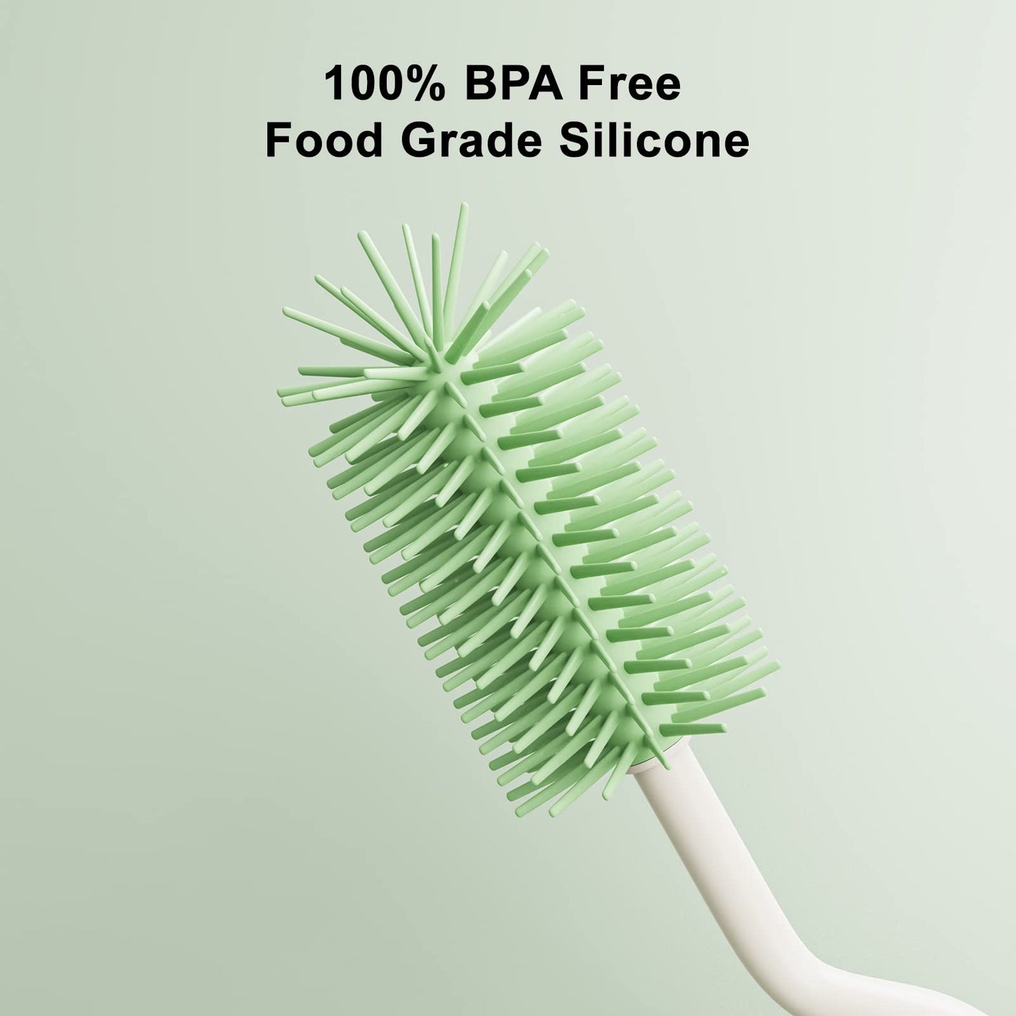 ePiiChua Silicone Bottle Brush Set with Stand, 360° Rotating Bottle Cleaning Brush Cleaner Set, Long Handle 3 in 1 Multipurpose Silicone Baby Bottle Straw Cleaner Brush (Green)