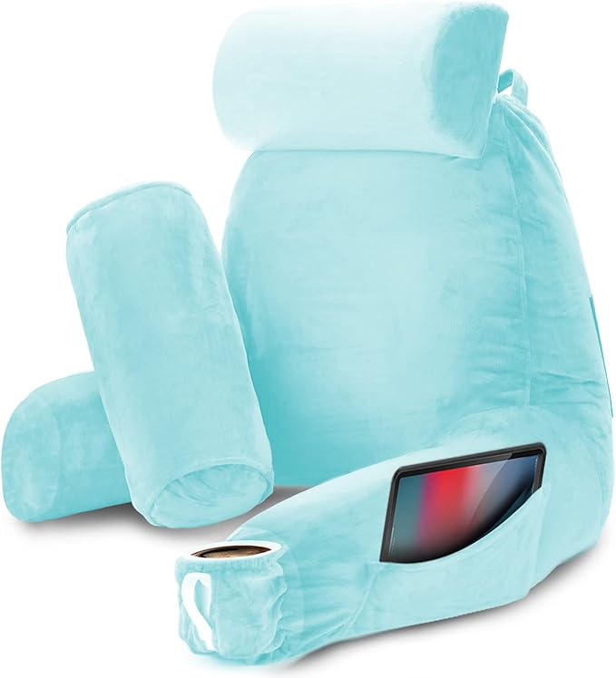 Nestl Reading Pillow Large Bed Pillow, Back Pillow for Sitting in Bed Shredded Memory Foam Chair Pillow, Reading & Bed Rest Pillows Light Blue Back Pillow for Bed, Bed Chair Arm Pillow with Pockets