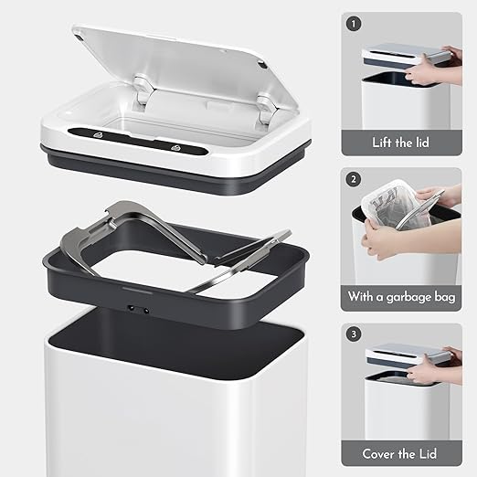 ELPHECO Stainless Steel Office Trash Can Motion Sensor Garbage Can Touchless Smart Trash Can Automatic Waste Bin for Kitchen, Office, Bathroom (White, 5.5 Gallons)