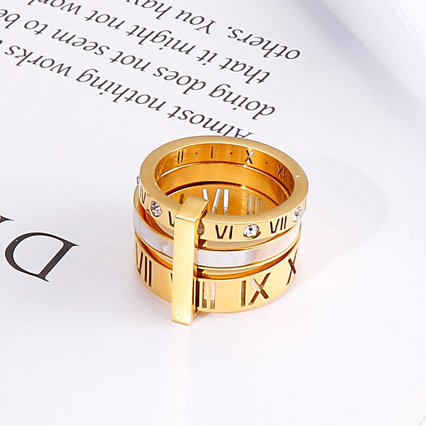 Jarlinwel Stainless Steel CZ Zirconia Roman Numeral Ring For Women Stacking Thumb 3 in 1 Spinner Rings (Gold Shell-Inlaid, 10 Ru