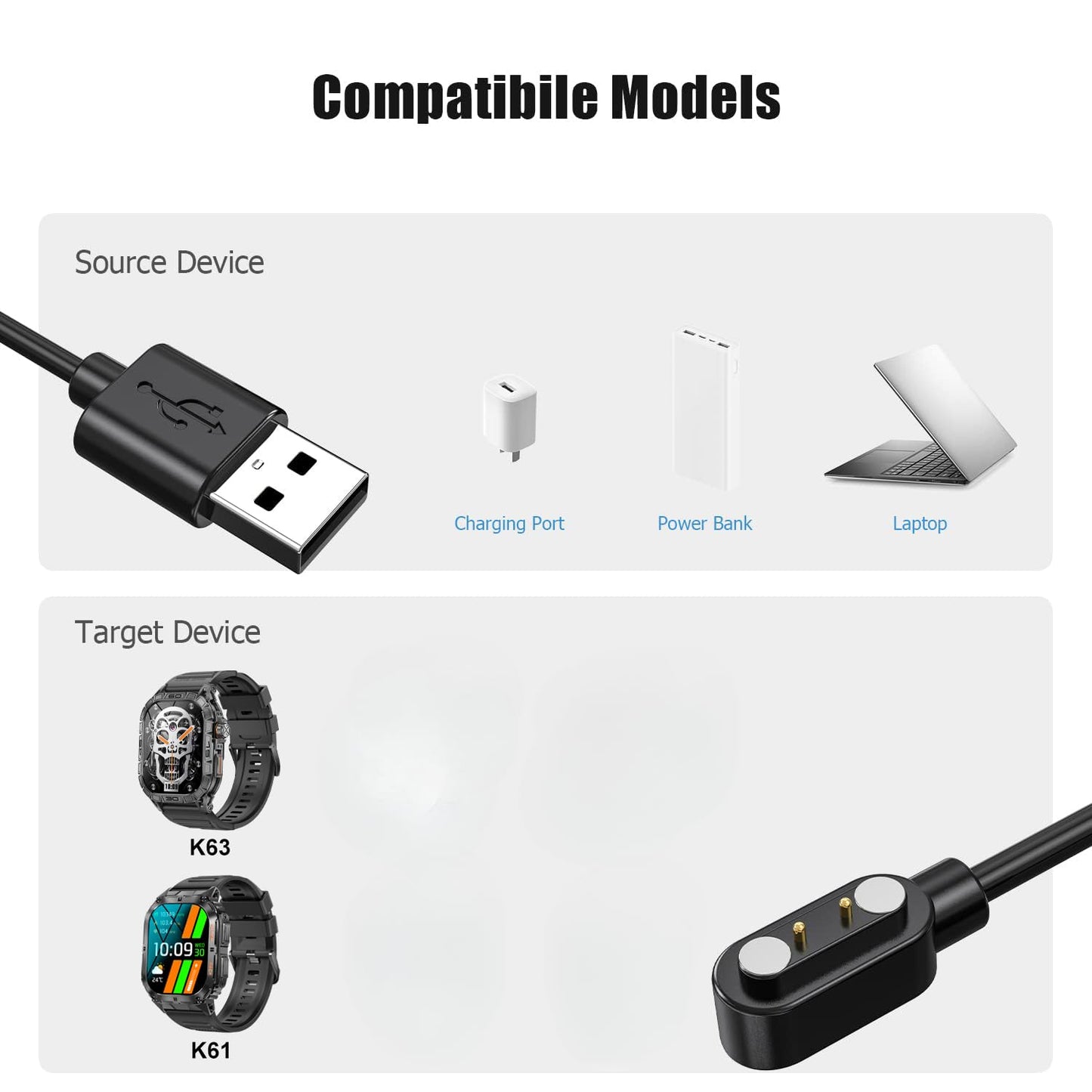 Podoeil Smart Watch Charging Cable With 7.4Mm Center Distance, Rated Voltage Of 5V, And Rated Current Of 1A, Designed For Use Wi