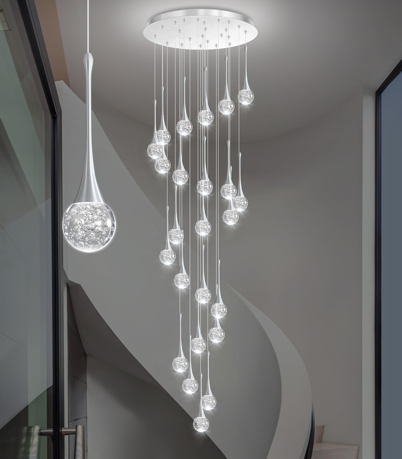 24 Light Modern Glam Crystal Chandelier For High Ceiling Led Dimmable Ceiling Pendant Light Staircase Foyer Enterway Living Room Chandelier Lighting Antique Silver