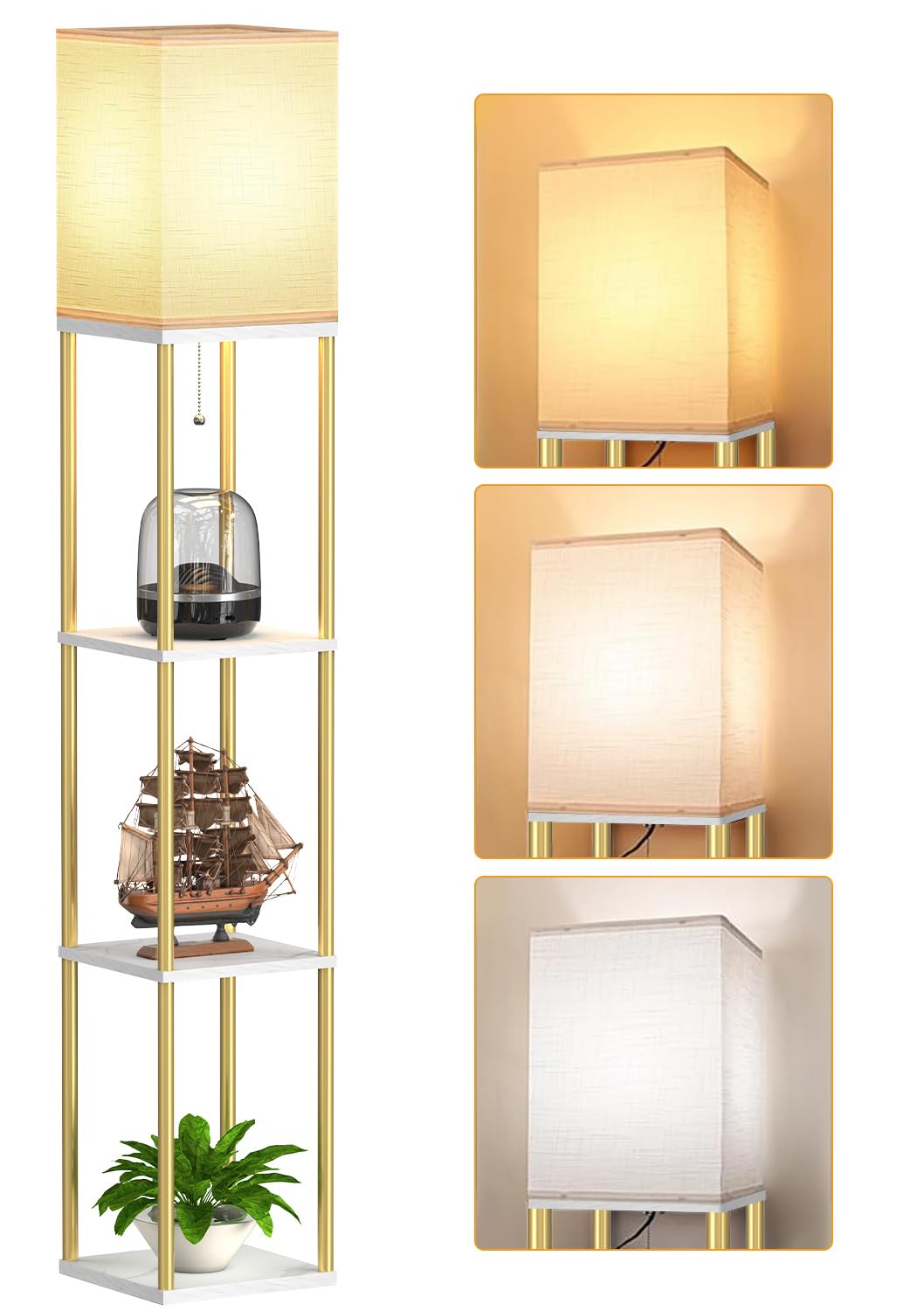 PARTPHONER Modern Floor Lamp with Shelves, White Linen Shade, Marble White and Gold, Model PAFP117AJ1