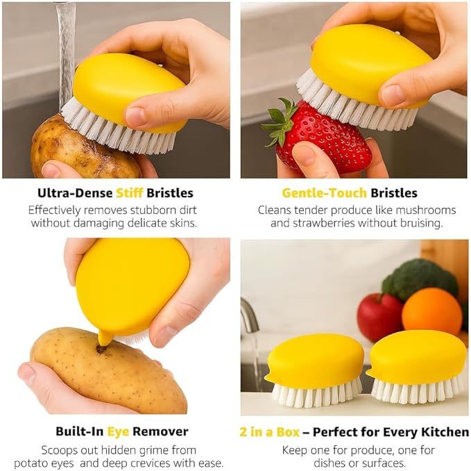 Premium Veggie Brush The Scrubber for Potato Eyes,a Potato Scrubber Suitable for Root Vegetables & Delicate Fruits,a Dual-use Fruit and Vegetable Brush, Your Kitchen Essential (Yellow 2Pack)