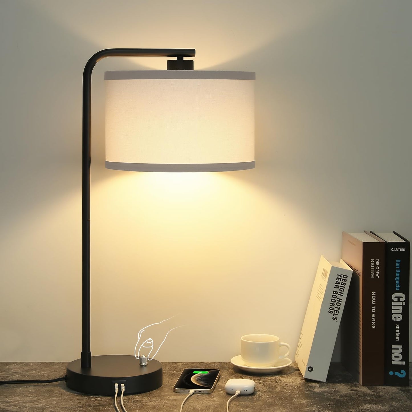 Seaside Village Table Lamp with USB C+A Ports, Stepless Dimmable, 13.98in x 13.98in x 25in, Black Base with White Shade, Model BW