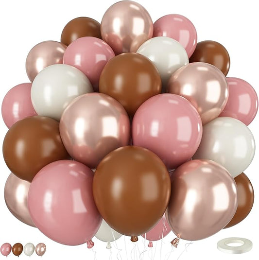 Dusty Pink and Brown Balloons, 50PCS 12Inch Boho Balloon with Blush Pink and Brown Rose Gold White Sand Latex Balloons for...