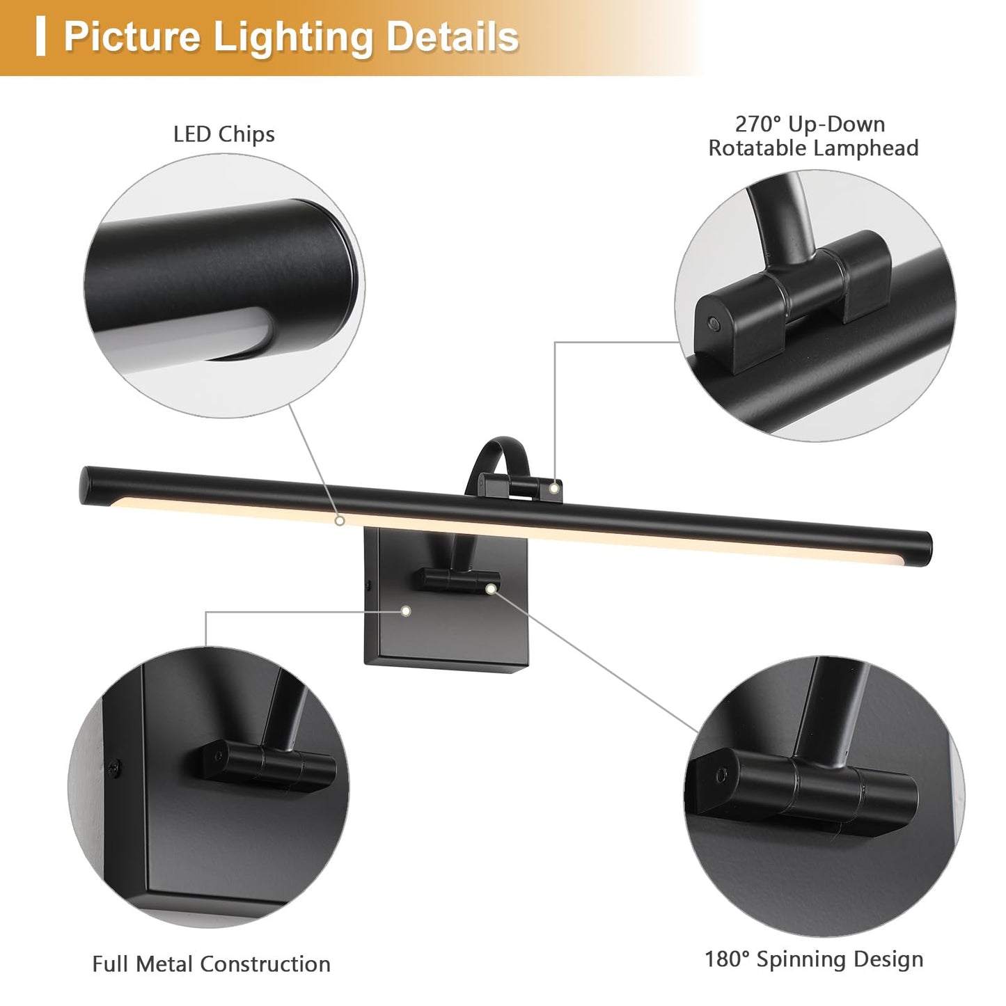 Desoop Black Picture Lights For Wall Hardwired Led Picture Lighting Dimmable Gallery Light Art Light For Wall Portrait Artwork 23.62 Inch 14W Warm White