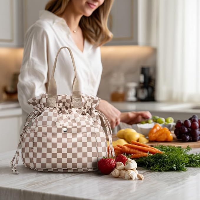 Yarnic Lunch Bag Women Insulated Lunch Bags,Cute Reusable Lunch Box Stain-Resistant Lunchbox with Water Bottle Holder for Adult Men Work Travel Picnic (Beige Coffee Checker)