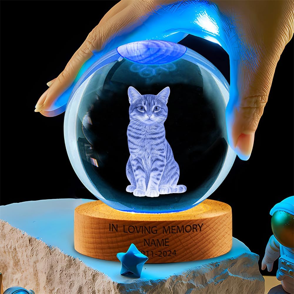 Personalized Cat Pet Photo Memorial Crystal Night Light Gift for Women, Custom Photo Picture Cat Pet 3D Memorial Crystal Ball Night Light Lamp for Bedroom Room Decor Party Bar Pet