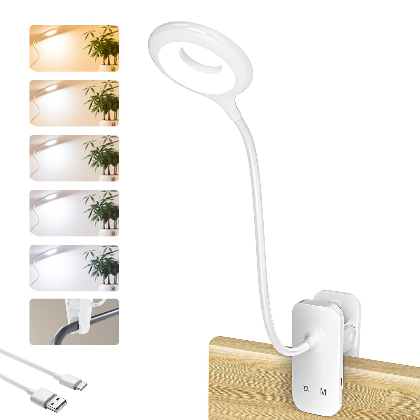 CUHIOY Clip-on Reading Light, Rechargeable, 5 Colors, 5 Brightness Levels, Round Head, White, Model F921WB