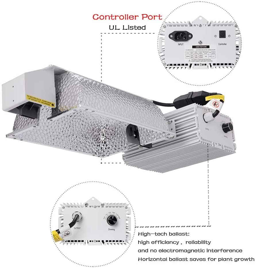 Generic Raylux 1000 Watt DE Grow Light System with Controller Port, Aluminum Reflector, Silver, Model 1, 2100K DE HPS Bulb