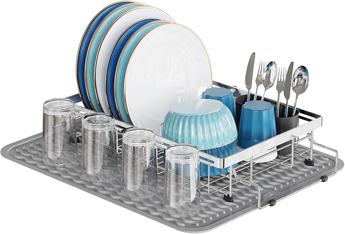 GSlife Stainless Steel Dish Drying Rack - Capacity Expandable in Sink Dish Drainer with Silicone Mat, Over Sink Dish Rack with Utensil Holder for Kitchen Counter, 10.8"-17.9" L x 12.8" W, Silver