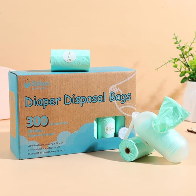 Diaper Bags Disposable for Baby - 20 Refill Rolls (300 Pack) Diaper Trash Bags with Dispenser, Diaper Bag Accessory, Fresh Powder Scent