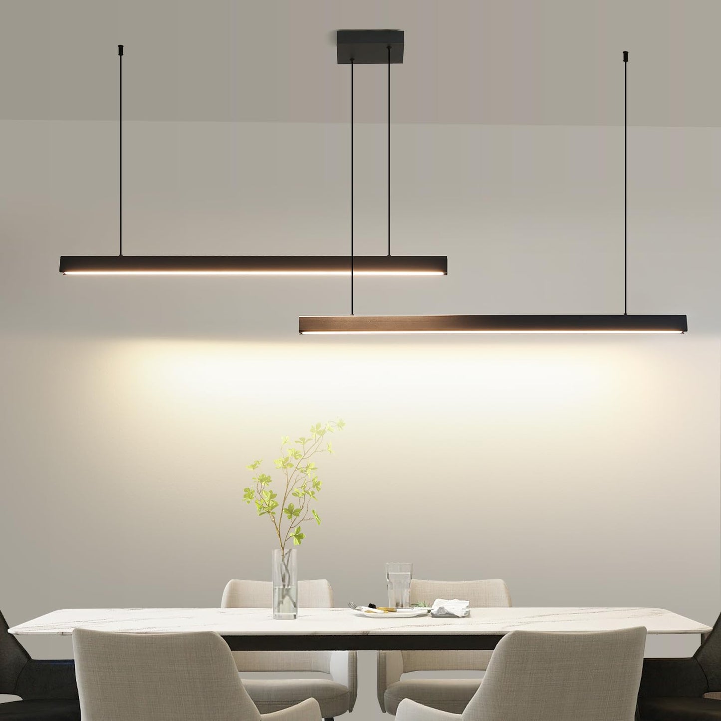 Mikeru Modern 2-Light Chandelier Pendant Light, 47IN, Aluminum, E-Black, Remote Control, Adjustable Color Temperature 3000K-6500K