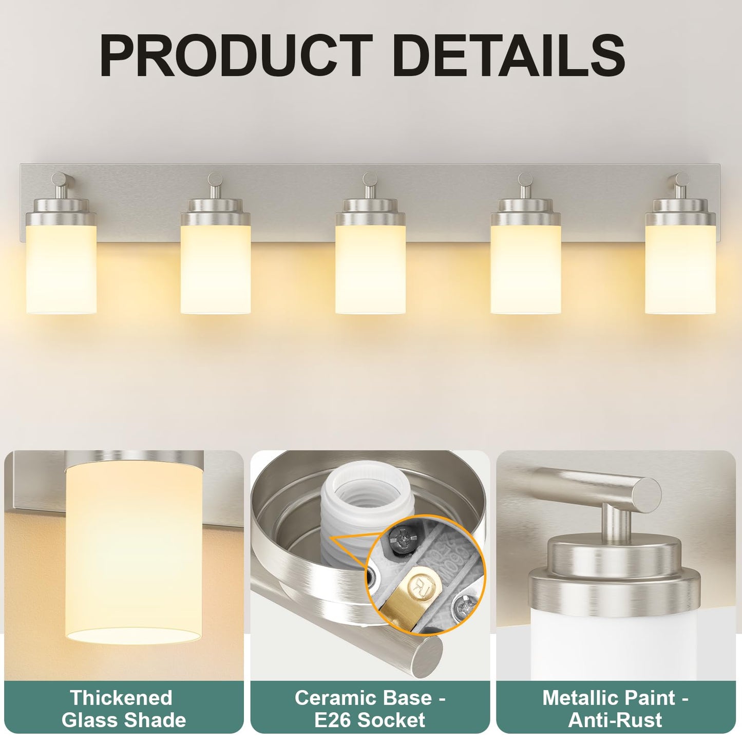 Izorro Bathroom Vanity Light Fixture  5-Light 36 Inch Brushed Nickel Bathroom Light Fixtures Over Mirror  With White Glass Shade  Modern Farmhouse Vanity Lights  Rustic Restroom Lighting Fixtures