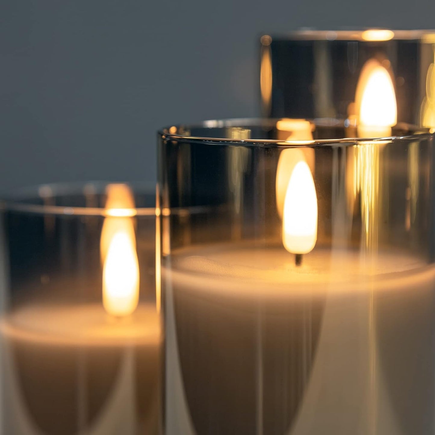 COVEGE Grey Glass Flameless Candles with Timer - Battery Operated Candles with 10-Key Remote, Real Wax LED Flickering Pillar Candles for Home Decoration, D3 H 4" 5" 6", Set of 3