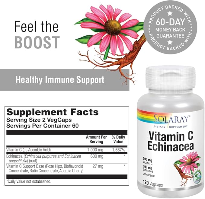 SOLARAY Vitamin C & Echinacea Root | Healthy Immune System Support w/ 500 mg VIT C & 300 mg Echinacea Per Capsule | Non-GMO & Vegan | 120 VegCaps