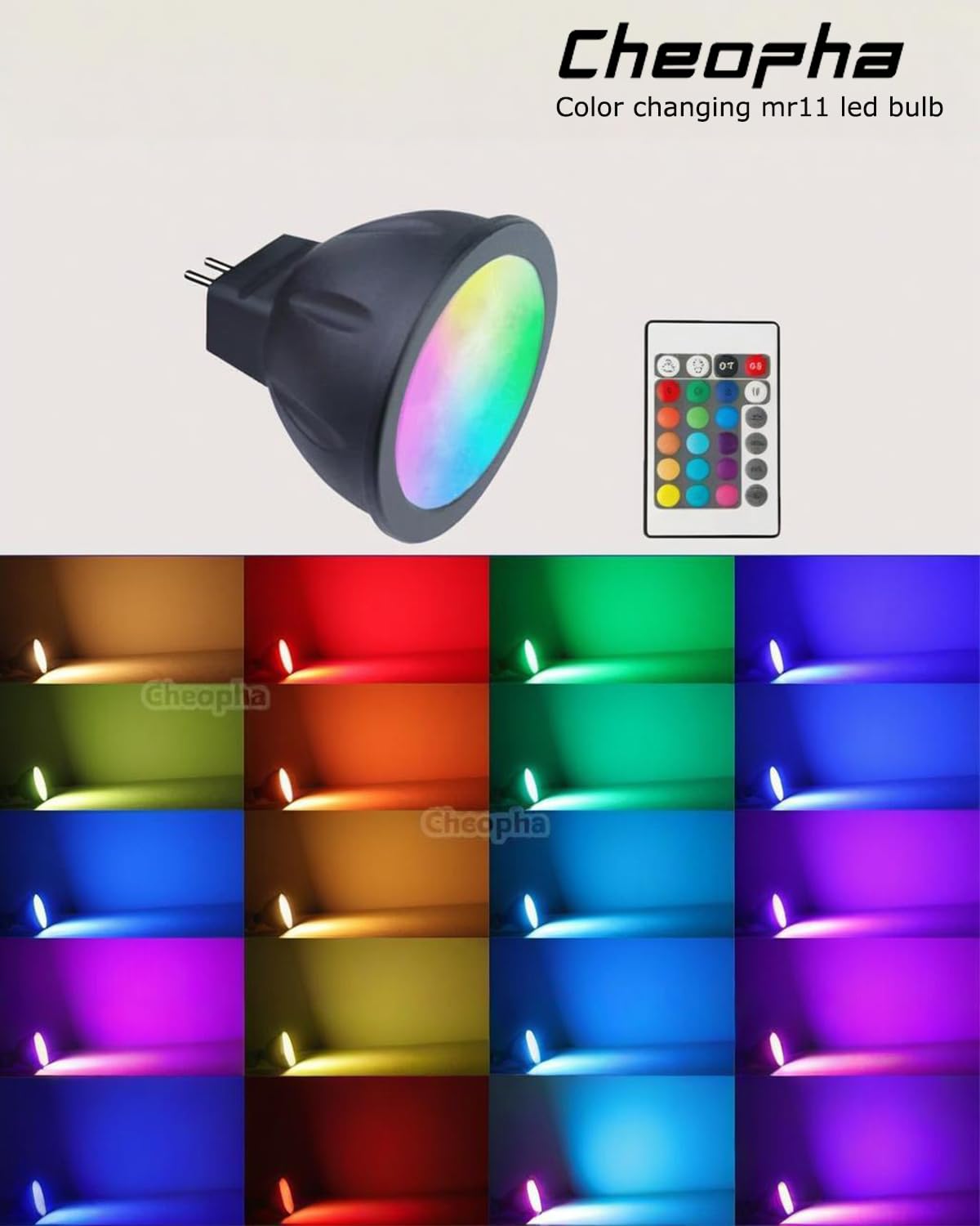Cheopha MR11 RGB Color Changing LED Bulbs with Remote Control, 12V GU4 Base, Warm White + Multi Color, 2-Pack