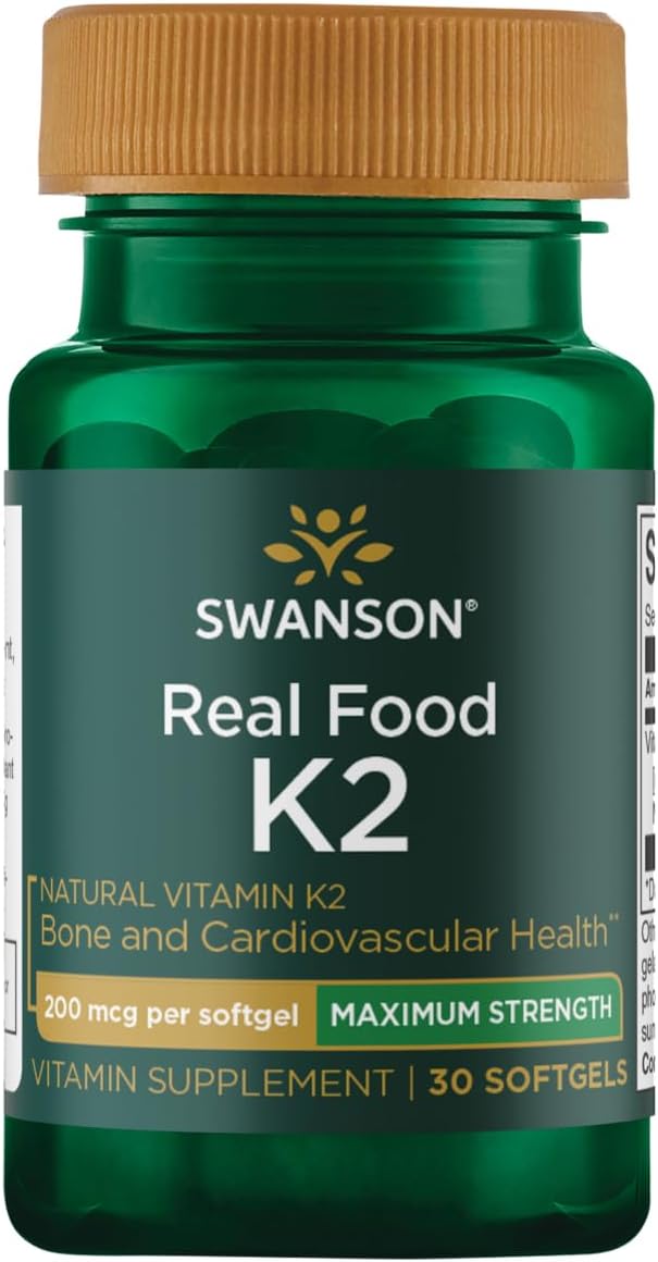 Swanson Maximum Strength Vitamin K2 (Menaquinone-7)-Vitamin Supplement Supporting Cardiovascular and Bone Health-Made from Japanese Natto to Help Regulate Calcium (30 Softgels, 200mcg Each)