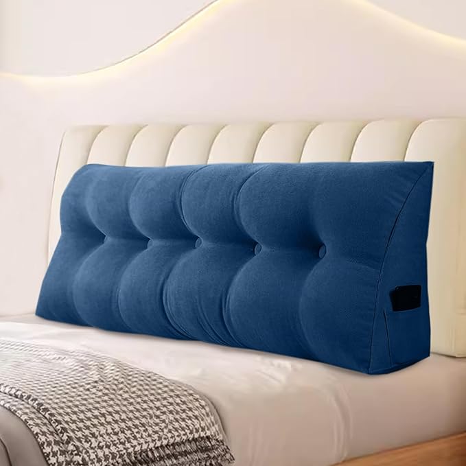 Large Triangular Headboard Pillows Long Backrest Positioning Support Bolster Cushion for Daybed Fluffy Quality Plush Body Wedge Pillow with Removable Cover(Navy Blue-Cal King-71x8x20 in)