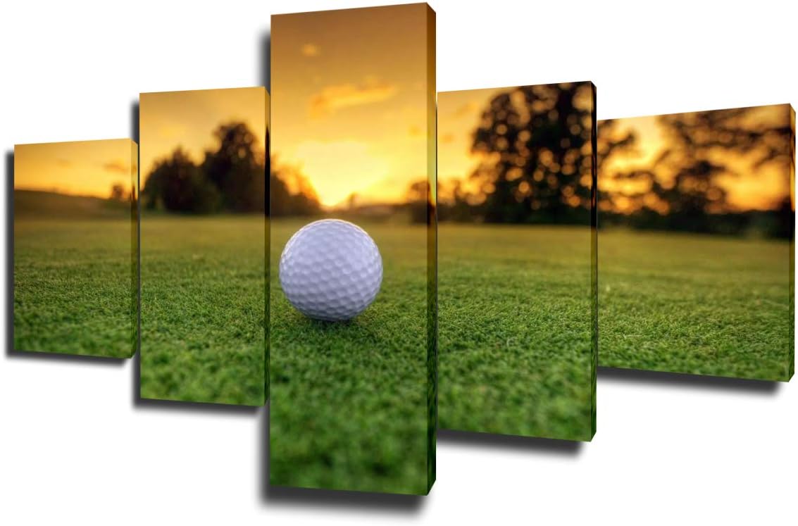 Landscape Pictures Wall Decor Green Golfing Course Wall Art White Golf Ball Artwork for Living Room 5 Piece Canvas Prints Paintings Contemporary House Decorations Framed Ready to Hang(50''Wx24''H)