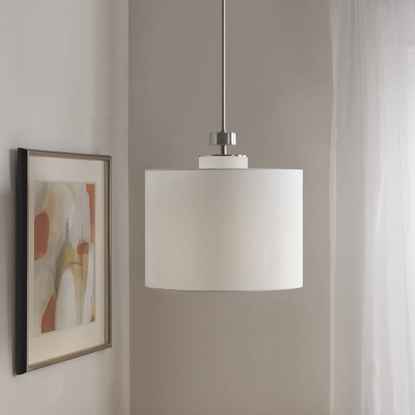 INK+IVY Pendant Light Fixture, White Drum Shade, 18in Dia x 62inH, Plated Silver, Model II151-0105