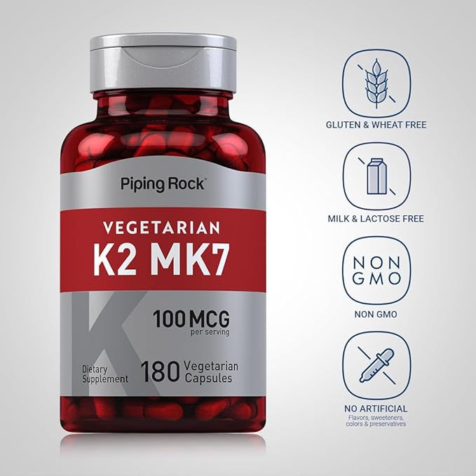 Piping Rock K2 MK7 Vitamin Supplement | 100 mcg | 180 Vegetarian Capsules | Non-GMO, Gluten Free
