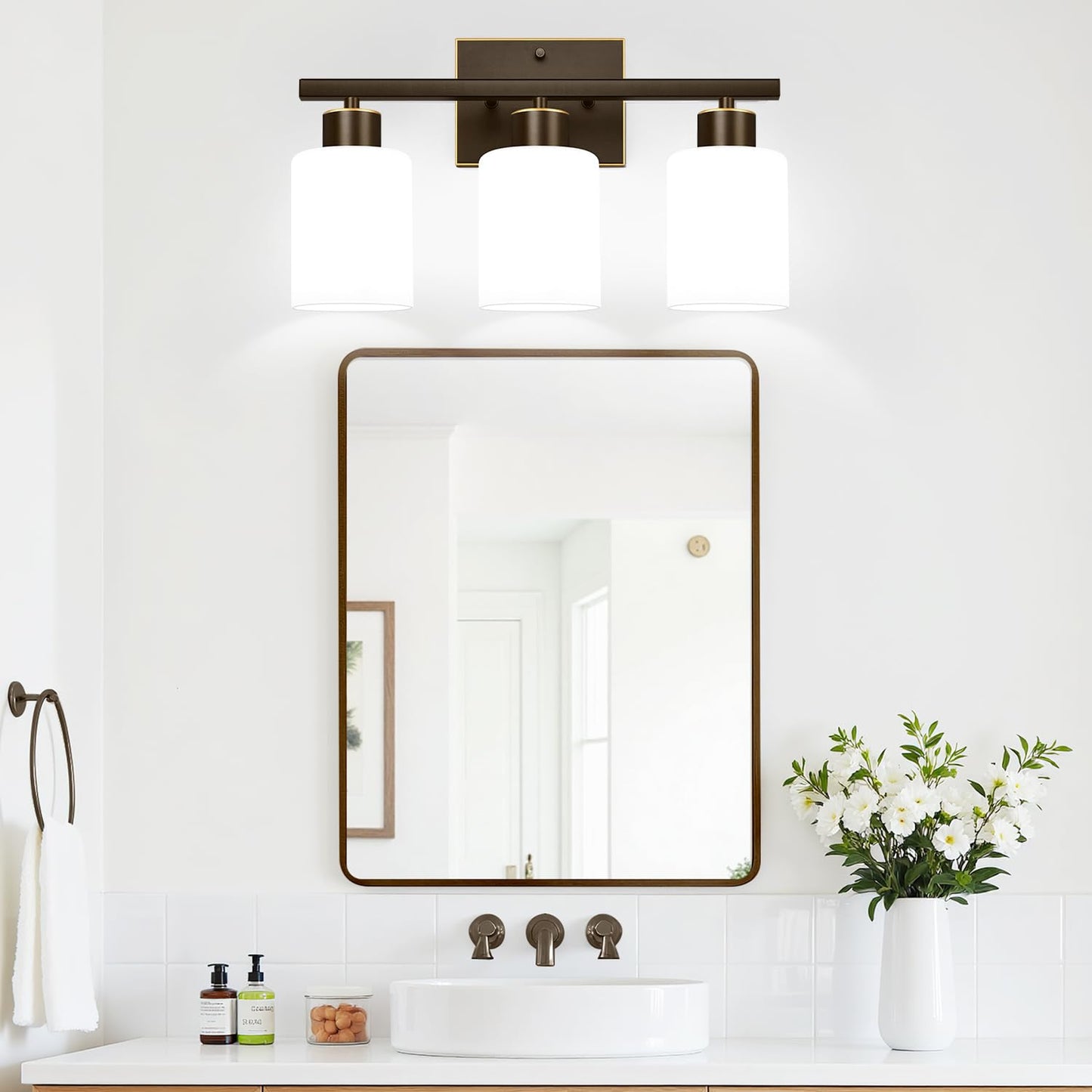 3-Light Bathroom Light Fixtures  Brown And Gold Vanity Light With Milky White Frosted Glass Shades  Modern Vanity Lighting Fixtures For Bathroom  Mirror  Bedroom  Hallway  Living Room