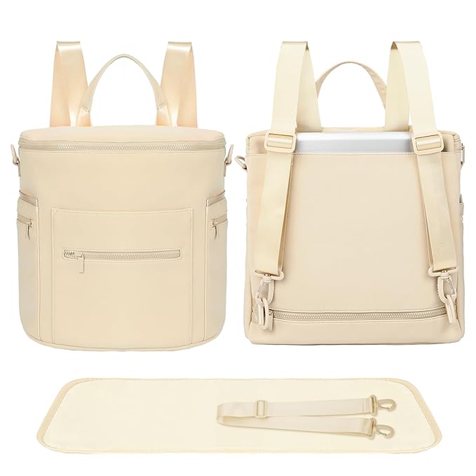 miss fong Neoprene Diaper Bag - Baby Diaper Bag,Large Capacity Neoprene Backpack with Changing Pad Travel Diaper Backpack Tote Backpack with 16 Pockets for Mom & Dad-Beige