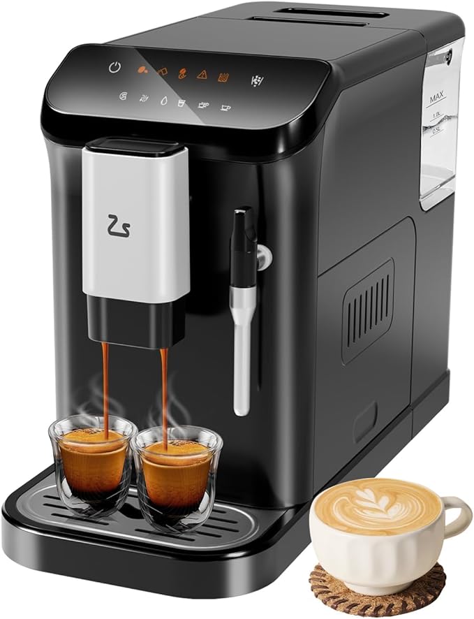 PeakPursuit Super-Automatic Espresso Machine, Grinder and Milk Frother, 20 Bar Pressure, Touchscreen Coffee Maker, 1.5L Removable Water Tank, One-Touch Cappuccino & Latte, Black