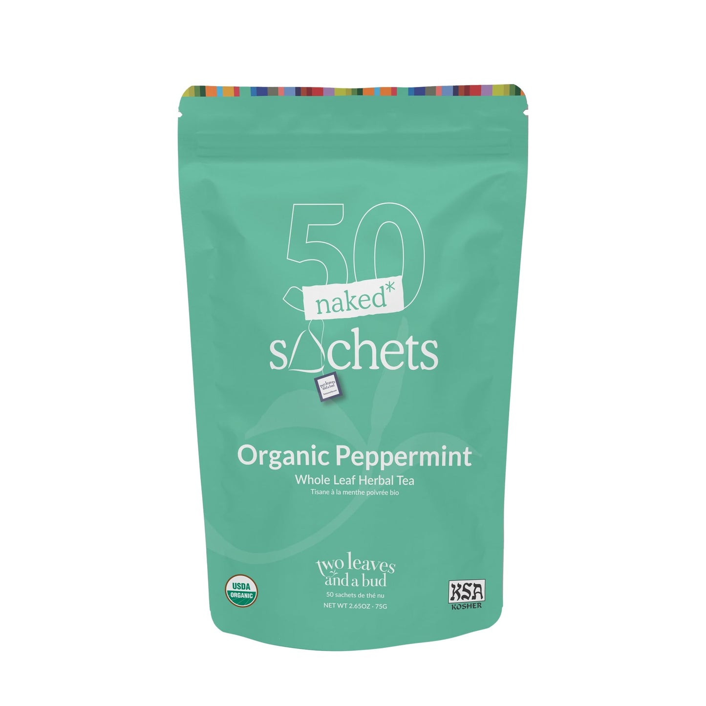 Two Leaves and a Bud Organic Peppermint - 50 Naked Tea Sachets  Naturally Caffeine Free  Whole Leaf Herbal Tea in Eco-Friendly Unwrapped Compostable Sachets  Resealable Bag  50 Count (Pack of 1)