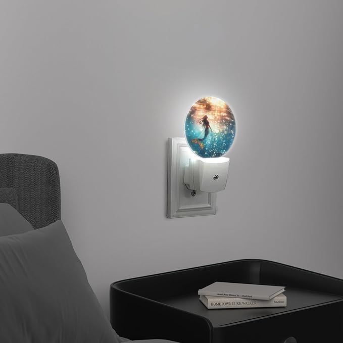 Round LED Night Lights Lamp with Dusk to Dawn Sensor, Beautiful Mermaid Swimming in The Deep Sea Night Light Plug Into Wall for Kids Room, Bedroom, Bathroom, Kitchen, Hallway