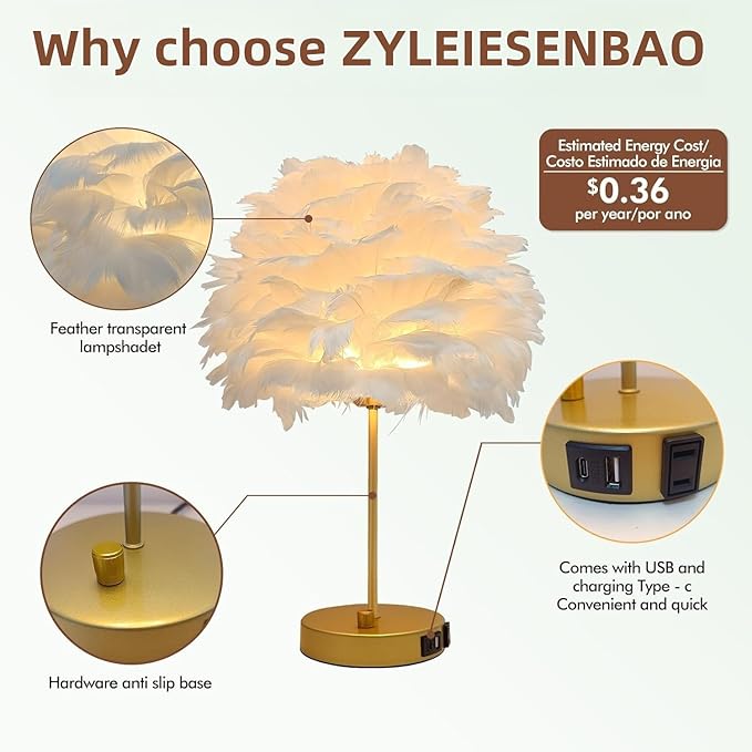ZYLEIESENBAO Chic White Feather Lamp with USB Charging Port Modern Feather Table Lamp Cute Romantic Bedside Nightstand Light for Girl Room Childrens Room Living Room Entry Wedding Decoration